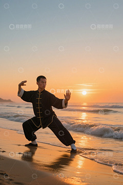 男子海滩练太极