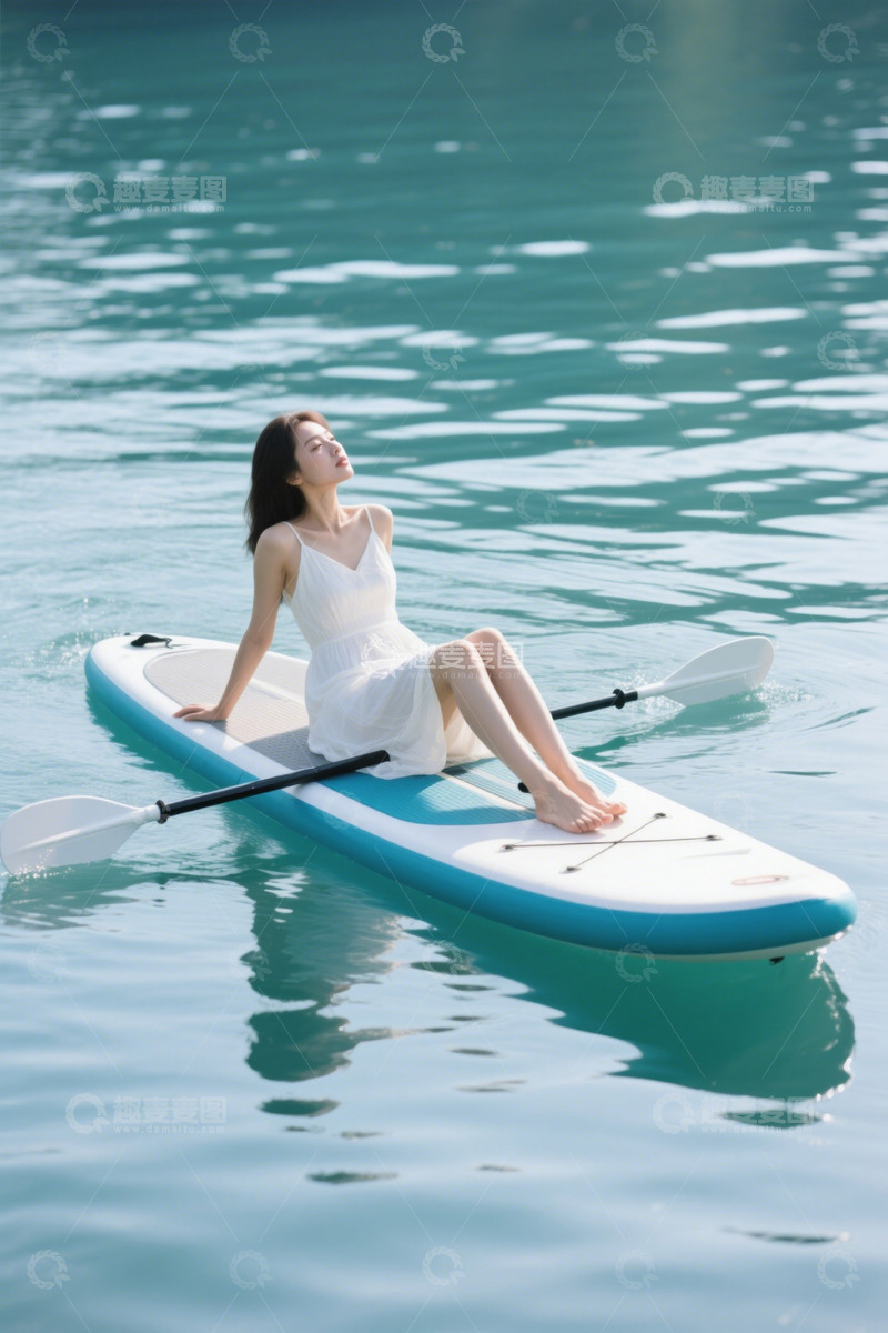 高清大图下载【趣麦麦图】女子水上坐立桨板休闲场景