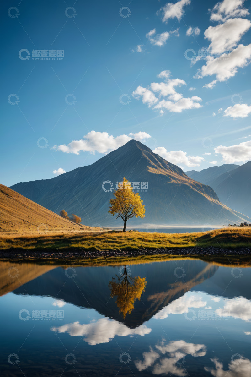 高清大图下载【趣麦麦图】山间湖泊旁的孤树自然风光