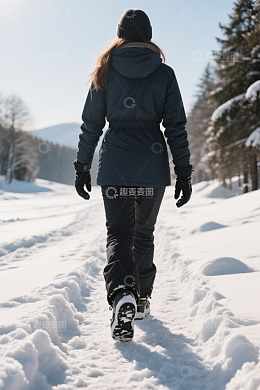 女子在雪地林间徒步背影