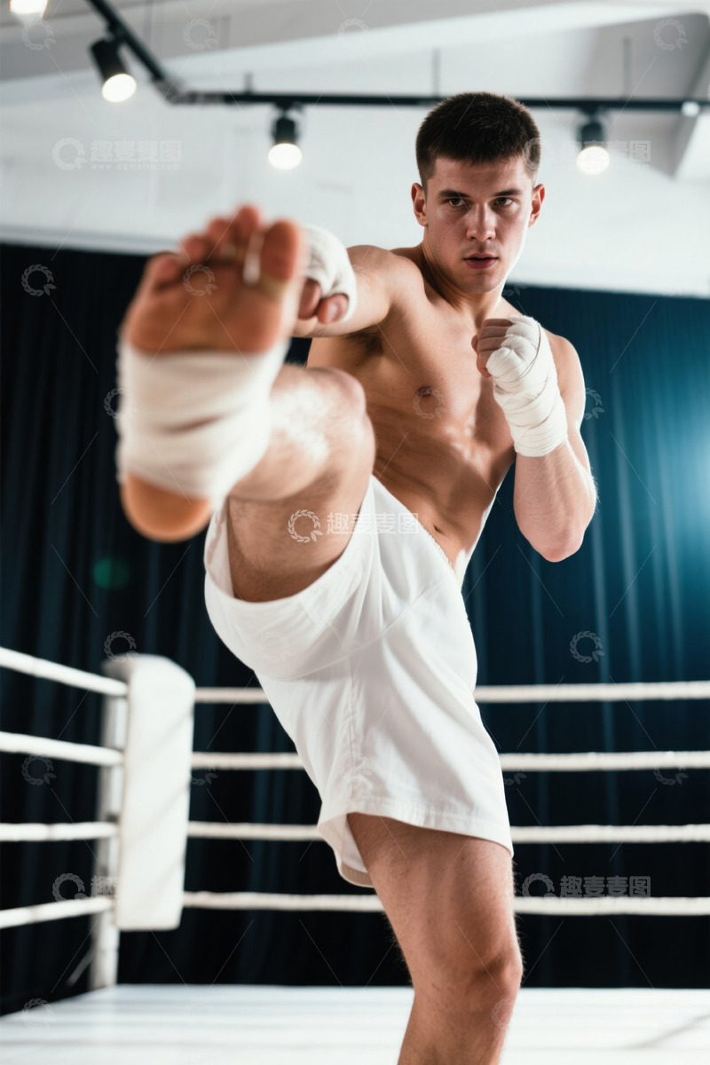 高清大图下载【趣麦麦图】拳击手在拳台进行踢腿训练