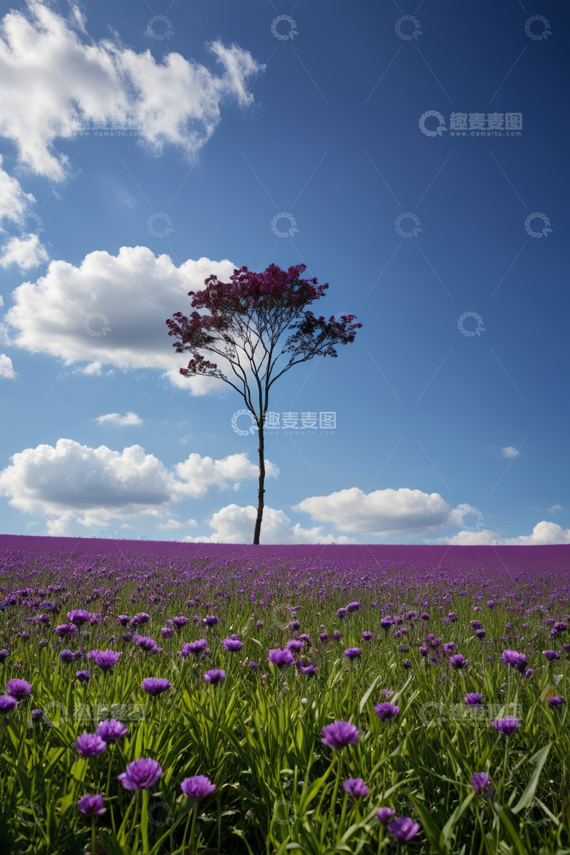 高清大图下载【趣麦麦图】紫色花海中独立树木景观