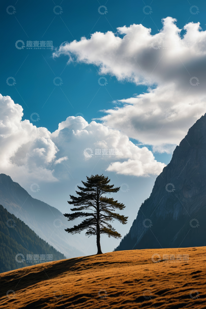 高清大图下载【趣麦麦图】山间草地孤树立于蓝天白云下