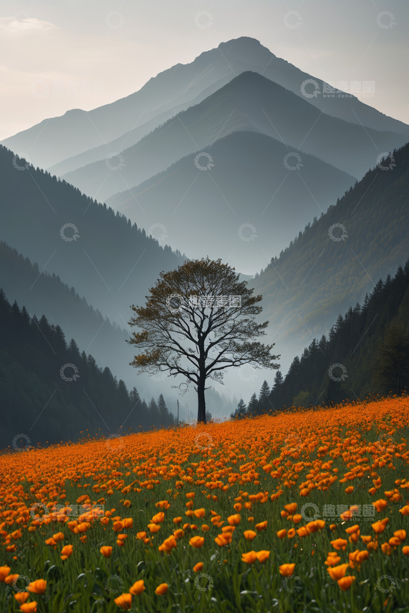 高清大图下载【趣麦麦图】山间花田中的孤独树木景观