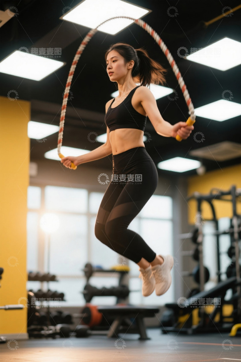 高清大图下载【趣麦麦图】健身房女子跳绳健身画面