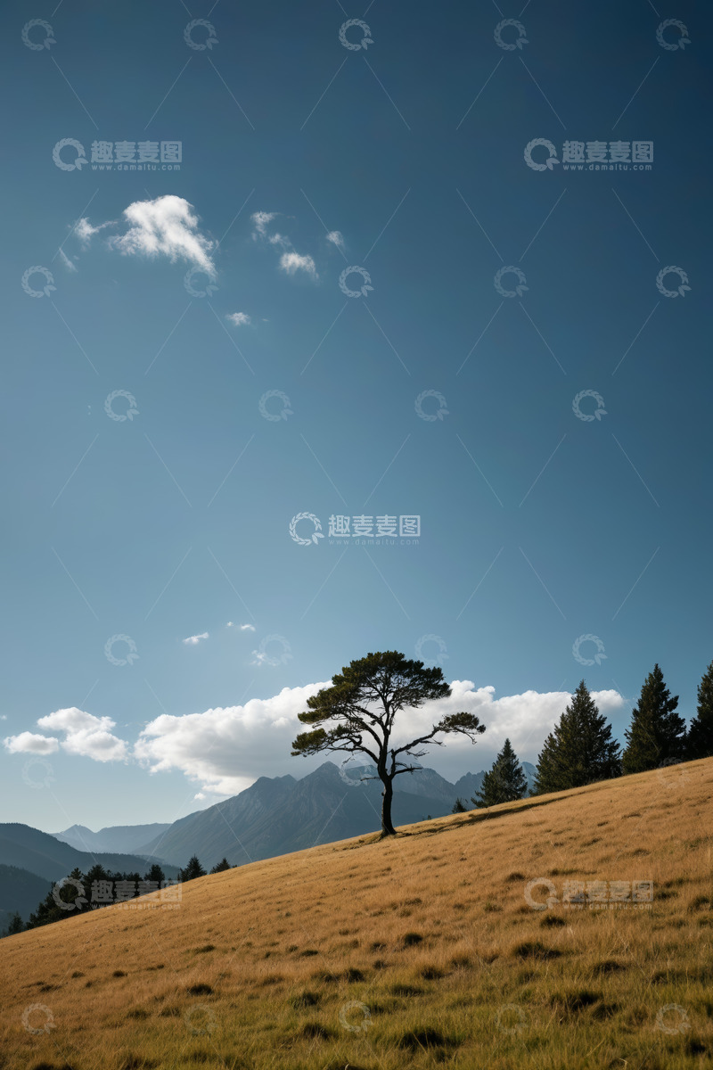 高清大图下载【趣麦麦图】山坡上的孤树与远山风景