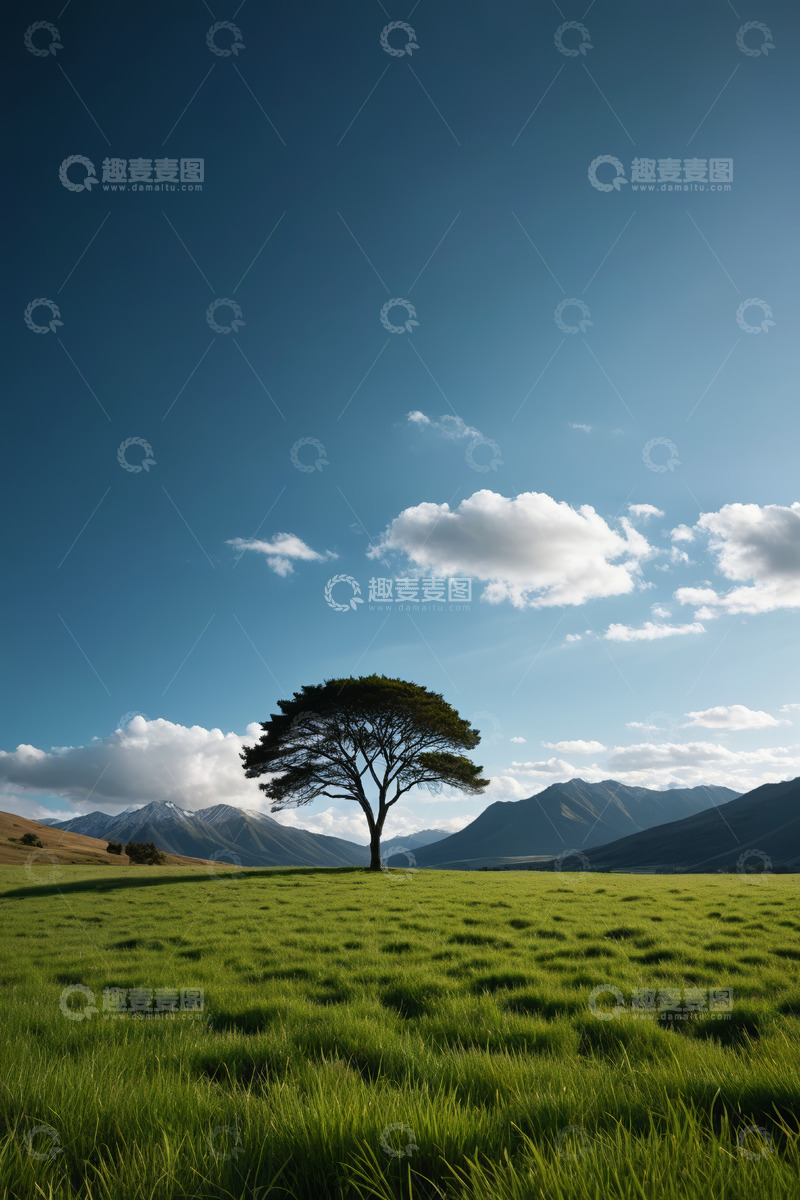高清大图下载【趣麦麦图】草原孤树与远山蓝天景观