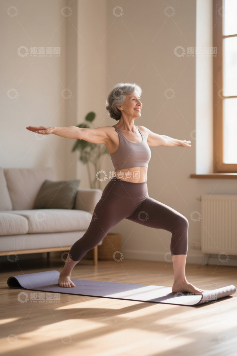 高清大图下载【趣麦麦图】老年女性室内做瑜伽运动