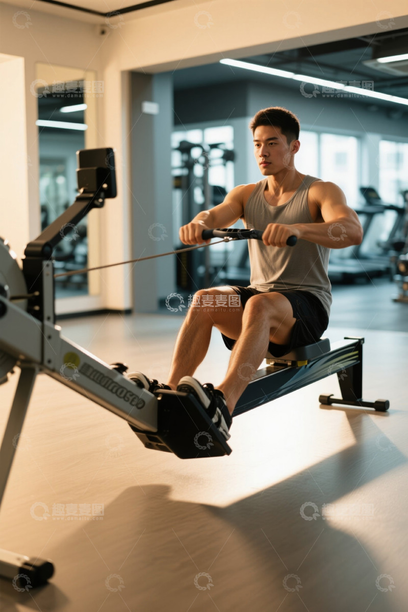 高清大图下载【趣麦麦图】健身房男子使用划船机锻炼