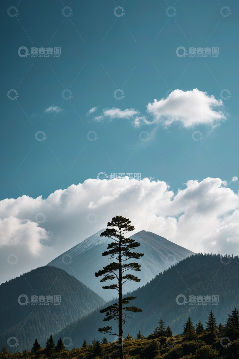 高清大图下载【趣麦麦图】山间孤树与蓝天白云风景