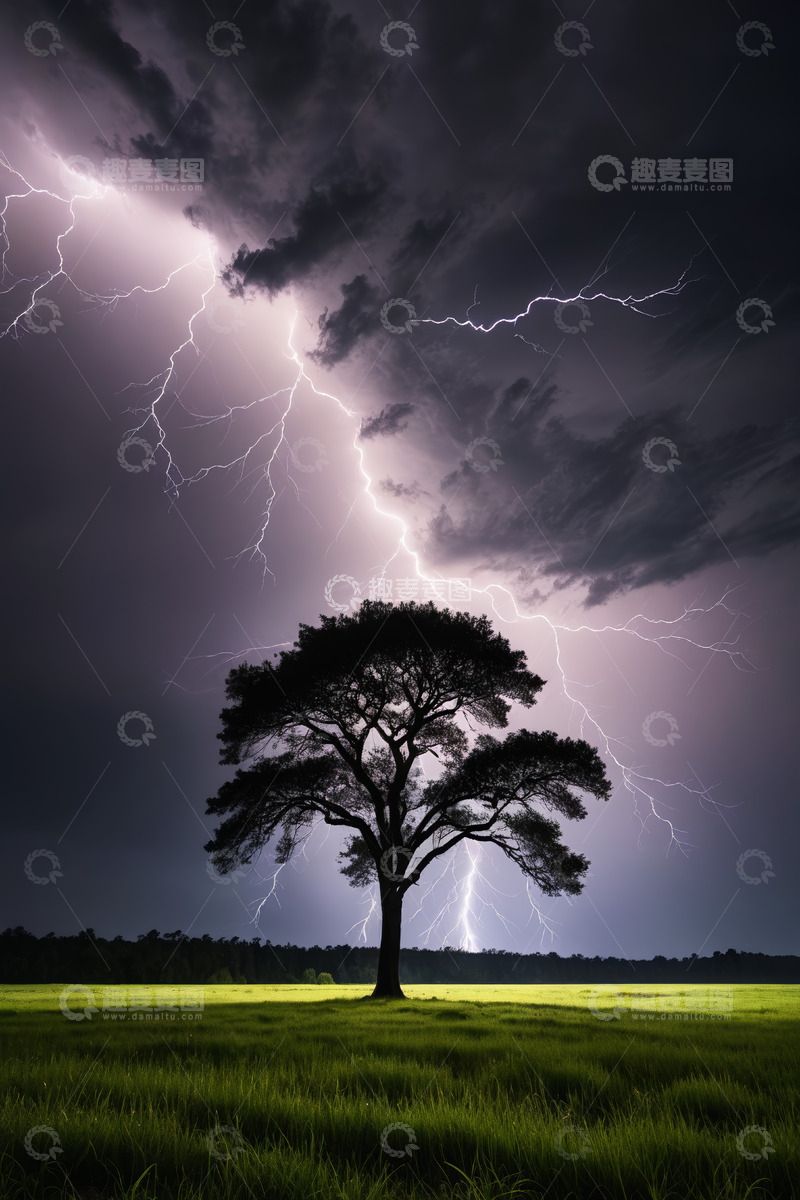 高清大图下载【趣麦麦图】草原闪电下的孤树风景