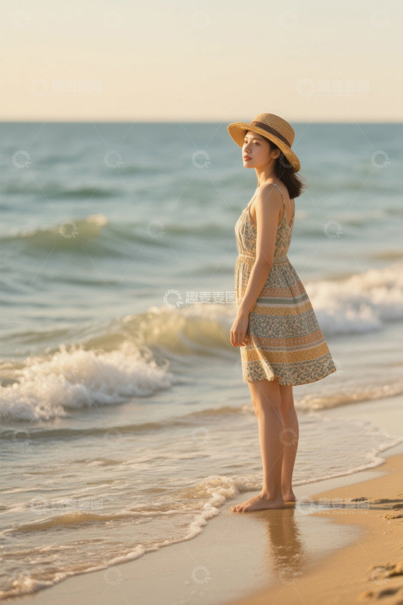 高清大图下载【趣麦麦图】女子在海滩上站立眺望海洋