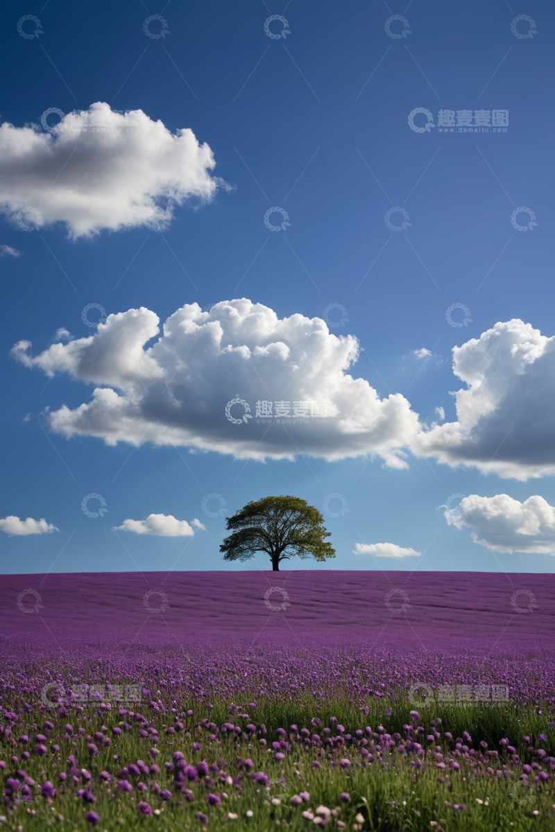 高清大图下载【趣麦麦图】紫色花田中的孤树风景