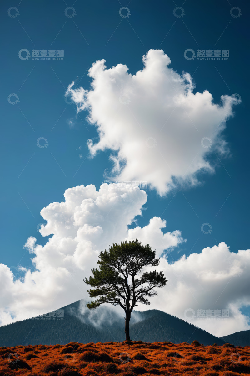 高清大图下载【趣麦麦图】蓝天白云下的孤树与远山