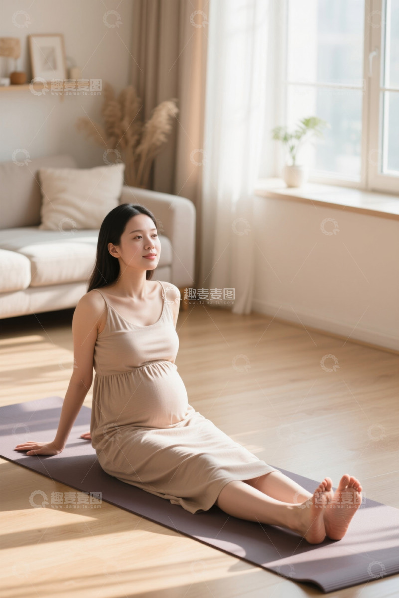 高清大图下载【趣麦麦图】孕妇在家中瑜伽垫上休息
