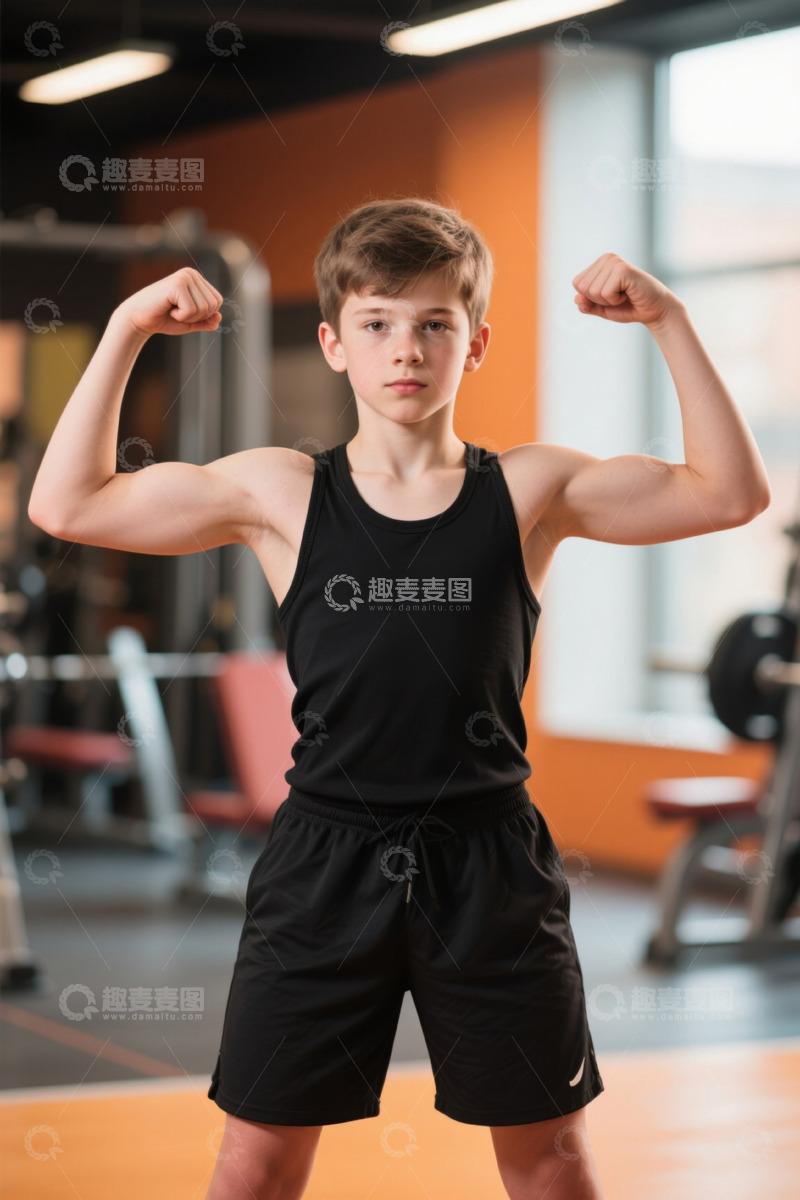 高清大图下载【趣麦麦图】男孩健身房展示肌肉
