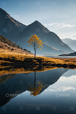 山间湖畔单棵黄叶树风景