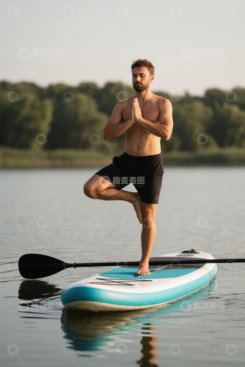 高清大图下载【趣麦麦图】男子在水上桨板做瑜伽