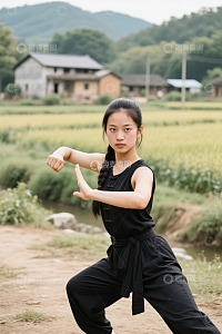 乡村田野间女子练武术