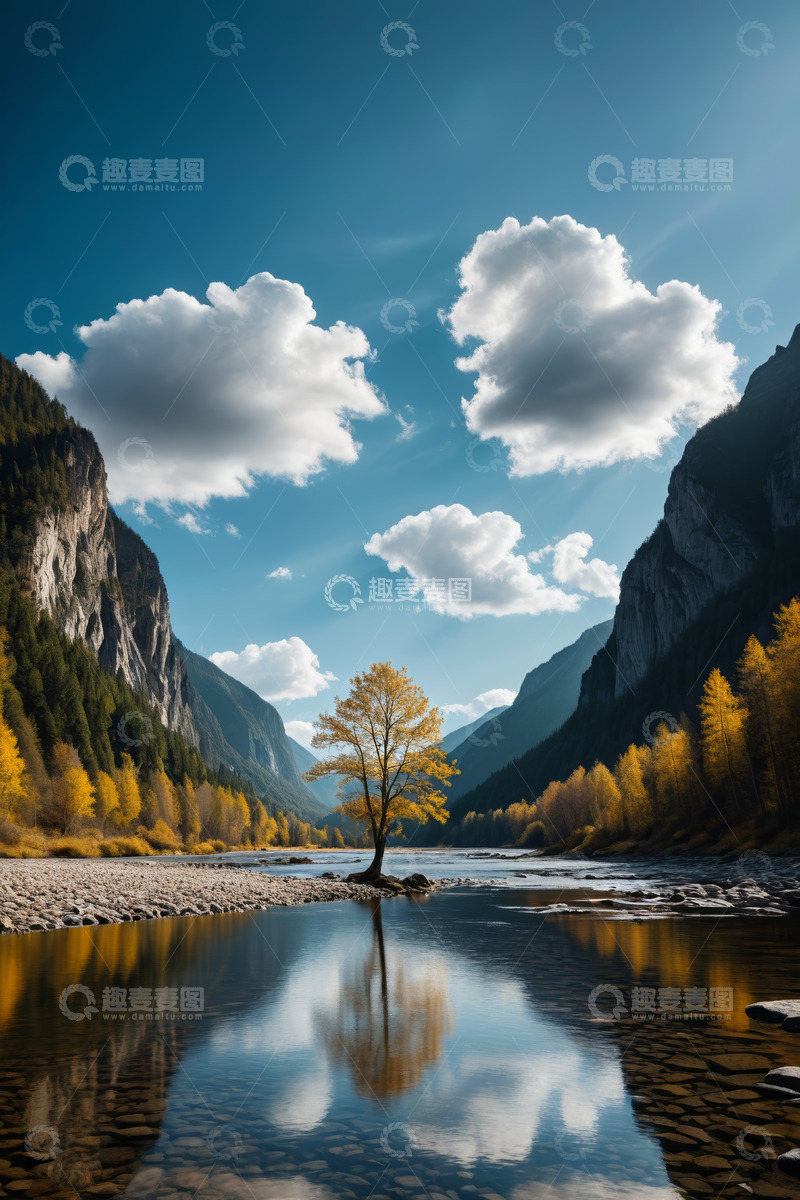 高清大图下载【趣麦麦图】山间河流旁的金黄树木风景