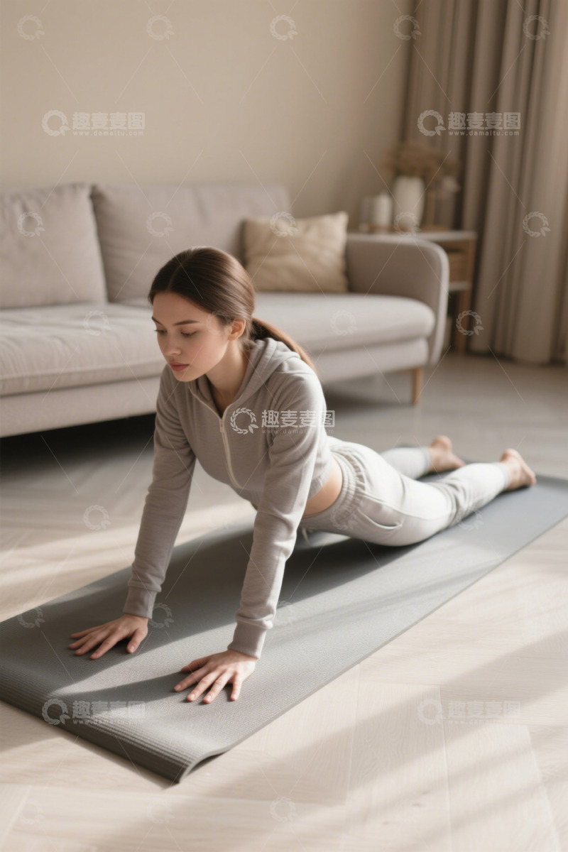 高清大图下载【趣麦麦图】女性居家做瑜伽锻炼