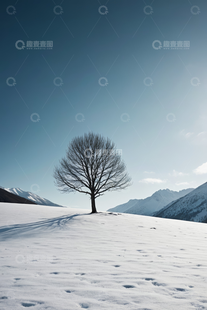 高清大图下载【趣麦麦图】雪地中孤独的树木与山脉景观