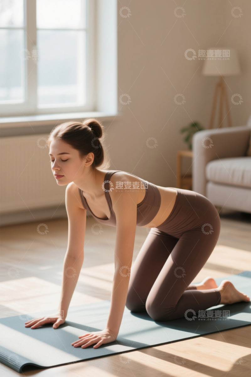 高清大图下载【趣麦麦图】年轻女性居家做瑜伽健身