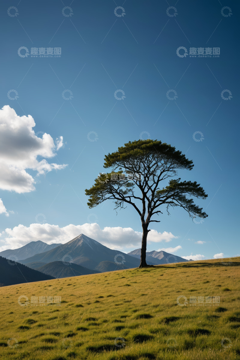 高清大图下载【趣麦麦图】草原孤树与远山风景