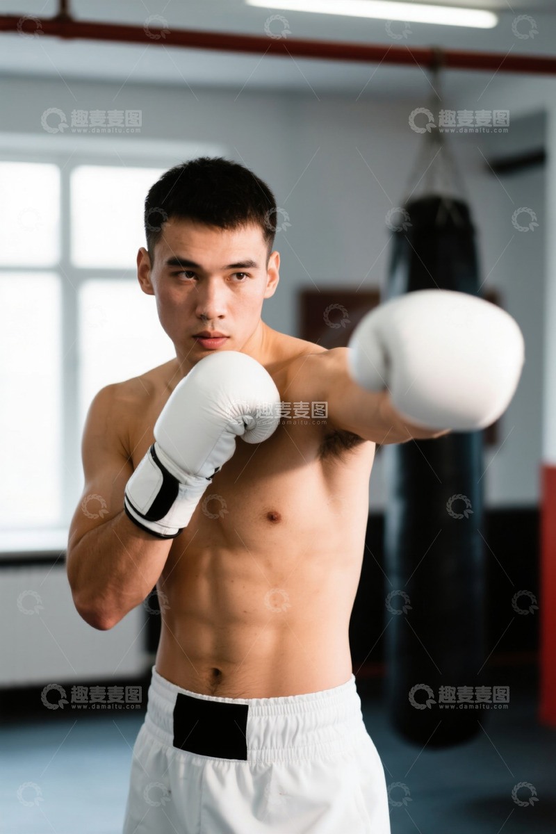 高清大图下载【趣麦麦图】男性拳击手室内出拳训练