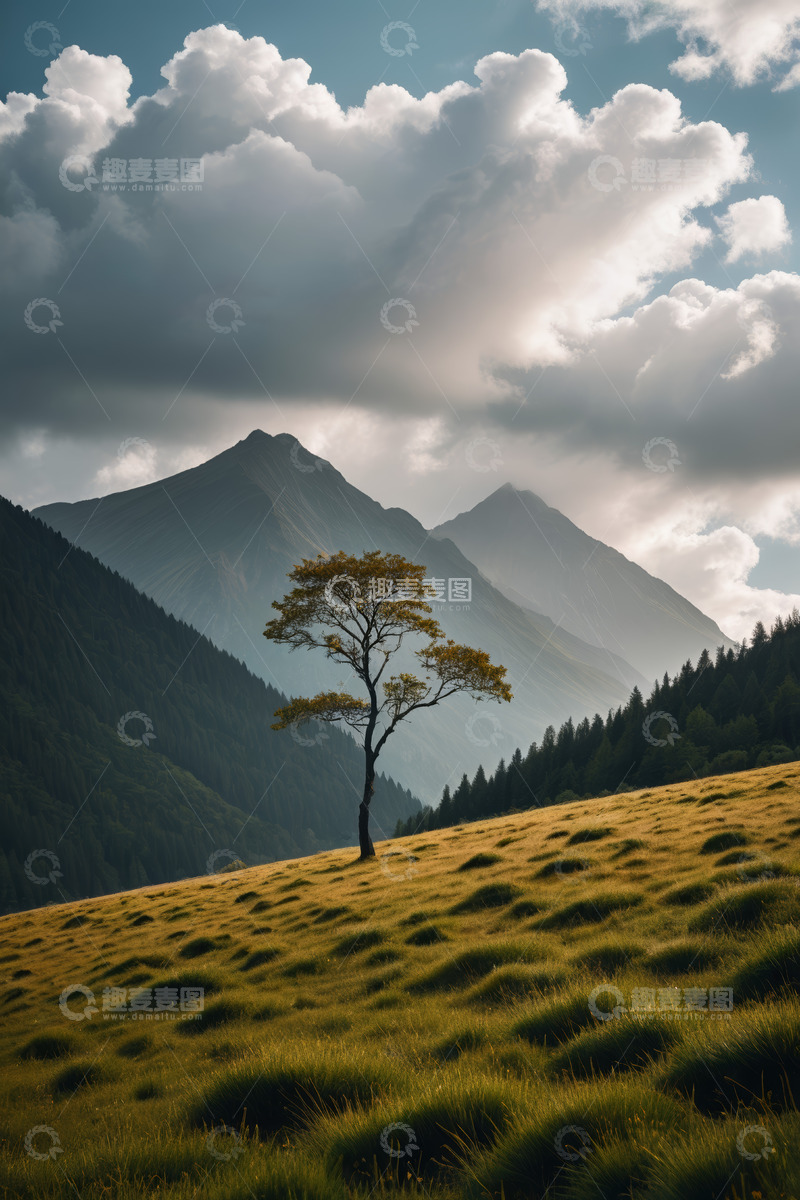 高清大图下载【趣麦麦图】山间草地单棵树木与云海景观