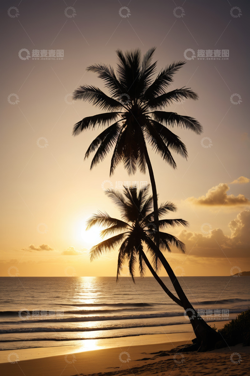 高清大图下载【趣麦麦图】海滩夕阳下的椰子树