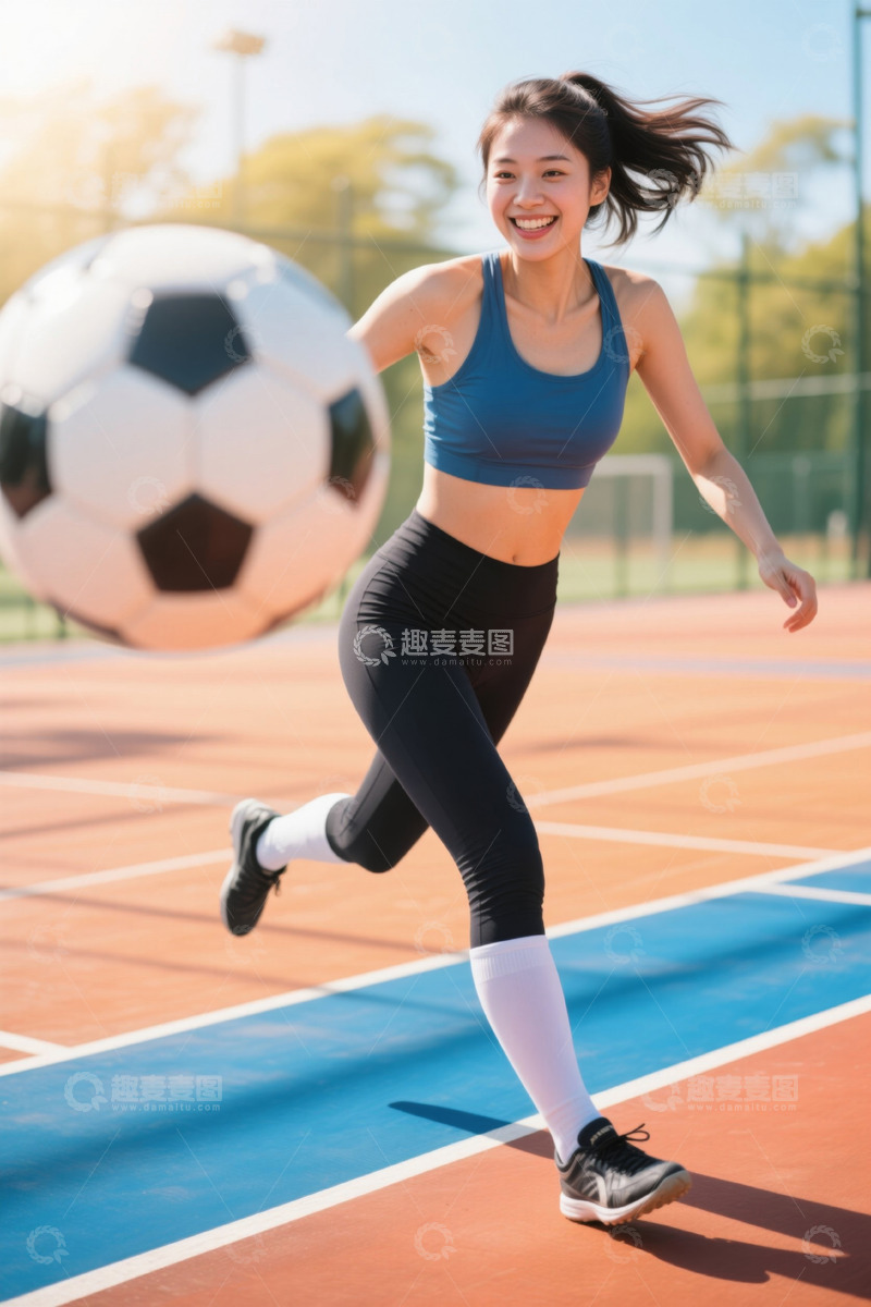 高清大图下载【趣麦麦图】户外运动场女子踢足球