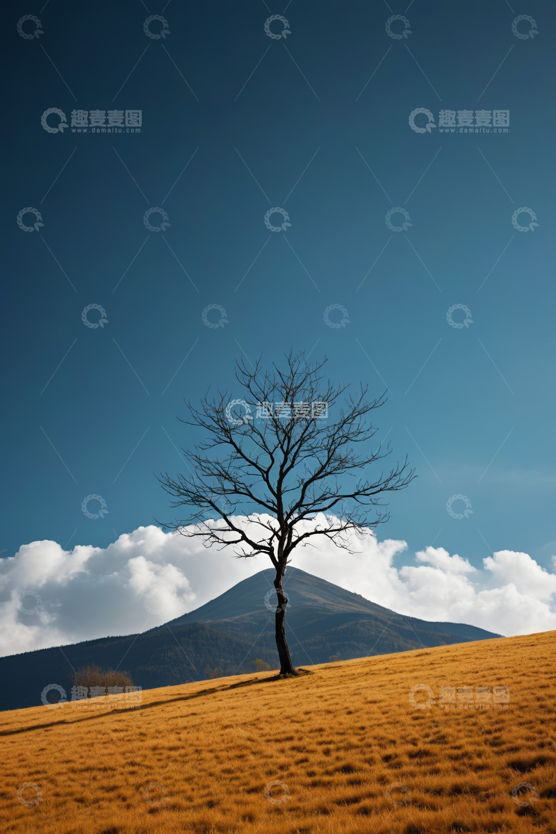 高清大图下载【趣麦麦图】山丘上的孤树与蓝天白云