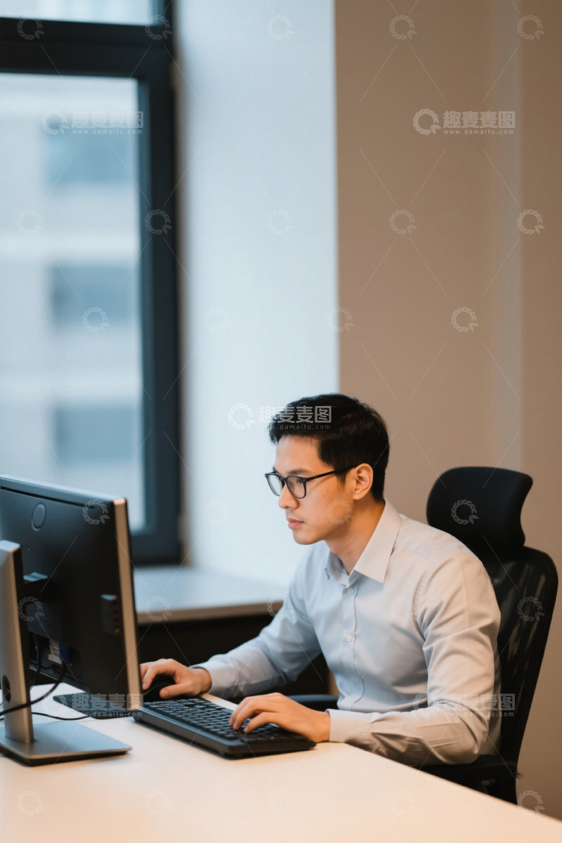 高清大图下载【趣麦麦图】办公室内男士专注使用电脑