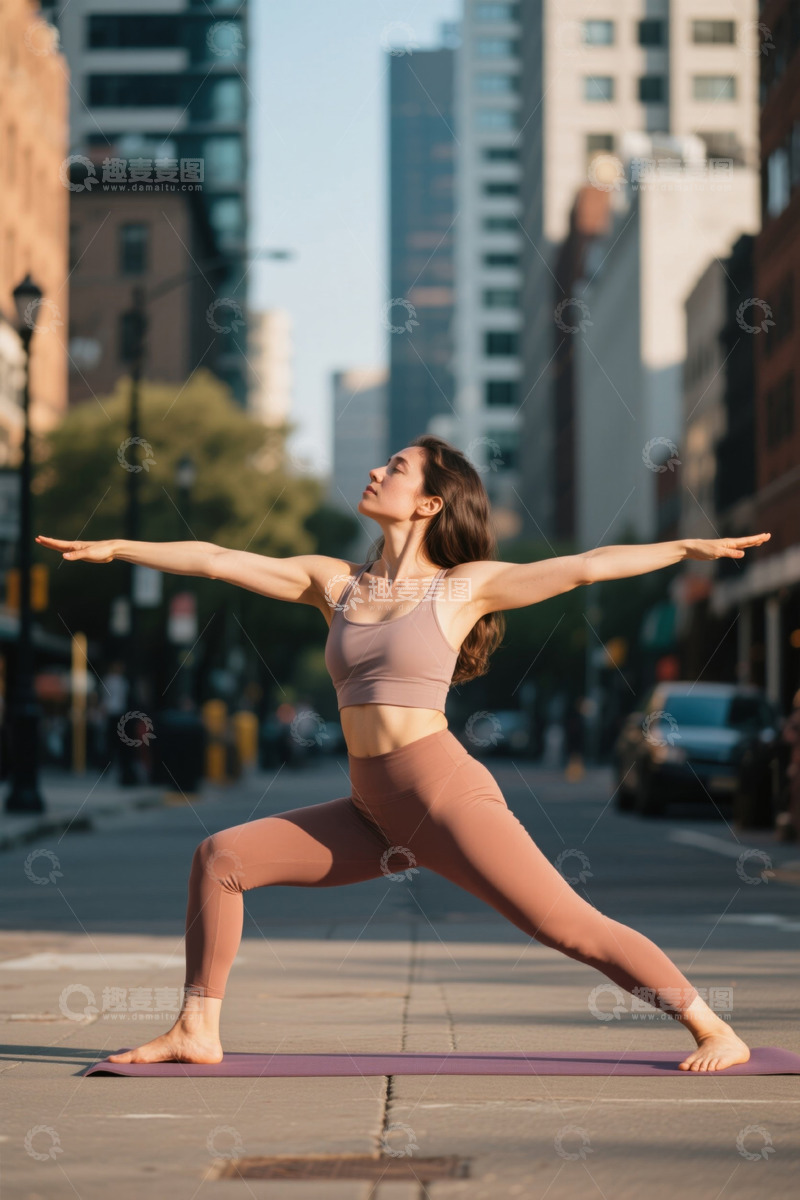高清大图下载【趣麦麦图】城市街道女子户外瑜伽练习