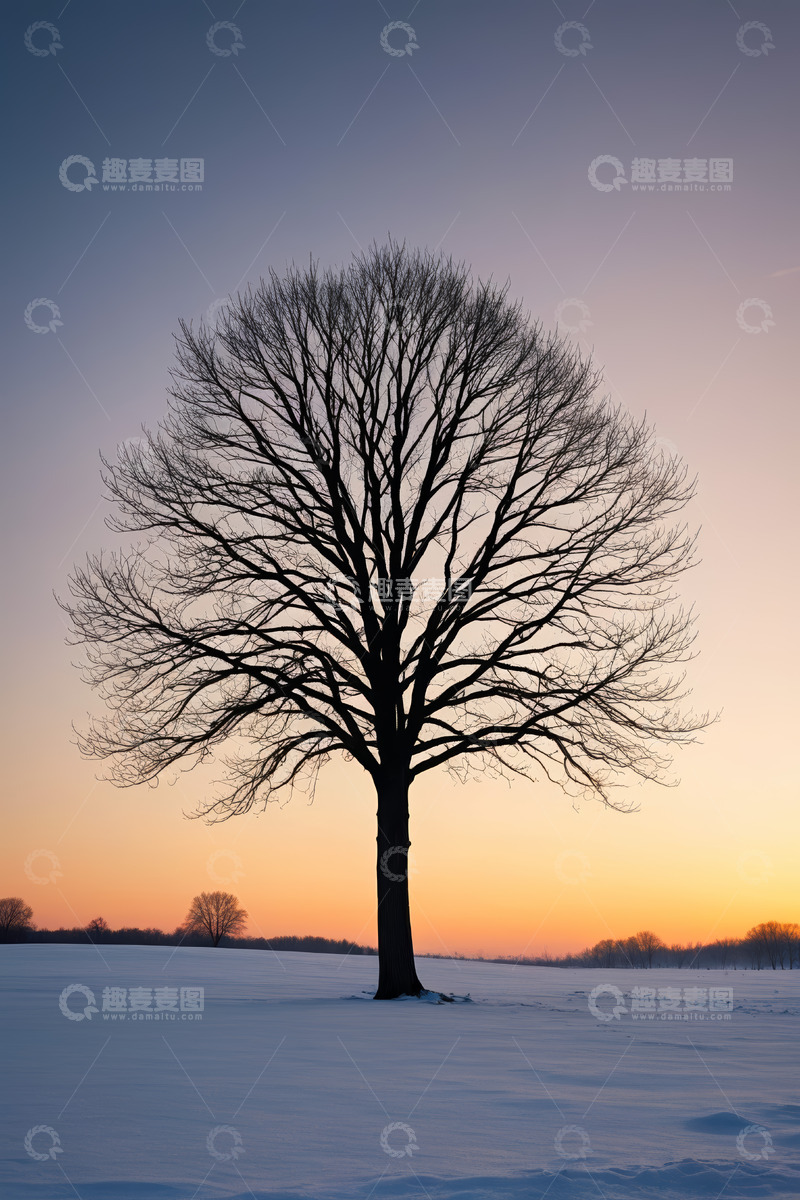 高清大图下载【趣麦麦图】雪地中孤独的无叶树