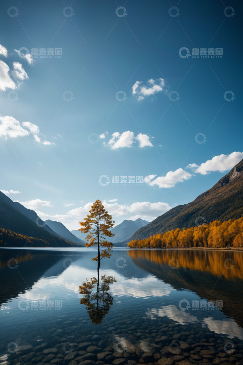 高清大图下载【趣麦麦图】湖中山景与独树倒影风景