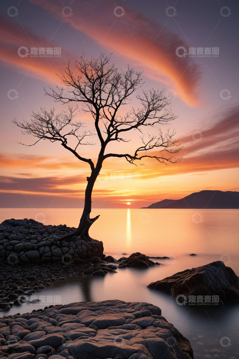 高清大图下载【趣麦麦图】海边落日下的孤树景观