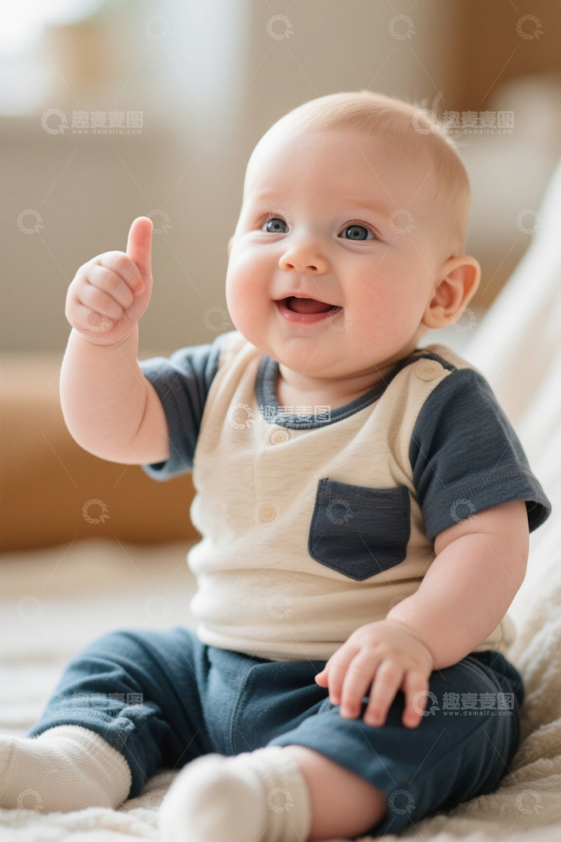 高清大图下载【趣麦麦图】婴儿坐着竖大拇指特写