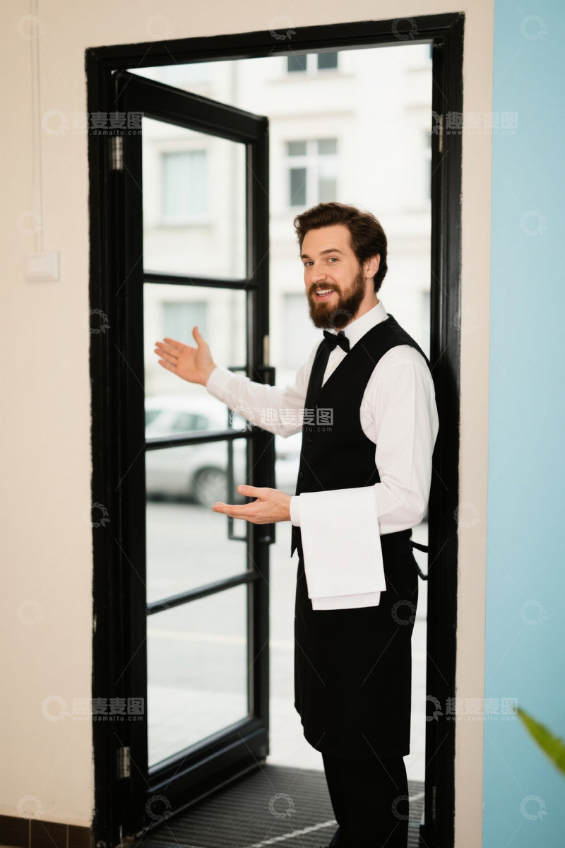 高清大图下载【趣麦麦图】餐厅服务员开门迎接顾客