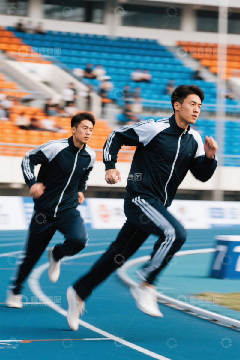 高清大图下载【趣麦麦图】体育场内两男子跑步场景