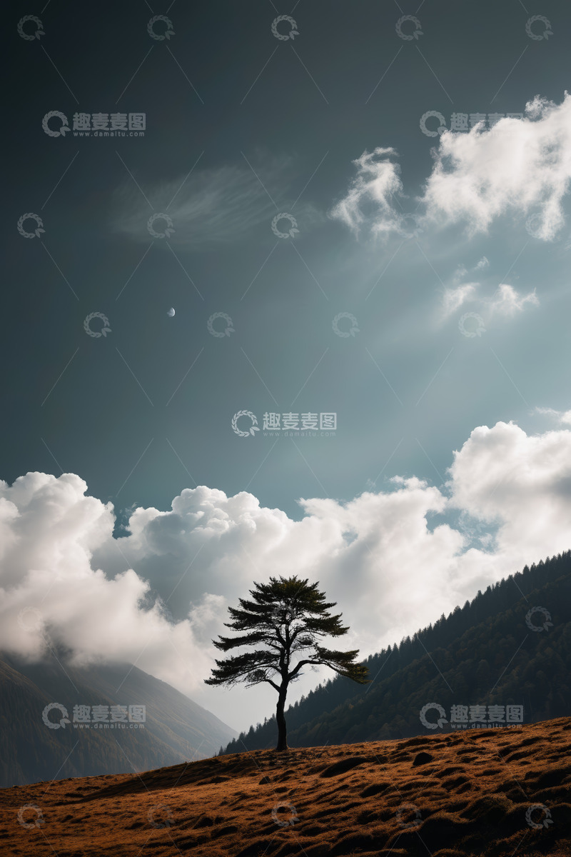 高清大图下载【趣麦麦图】山间孤树与蓝天白云景观