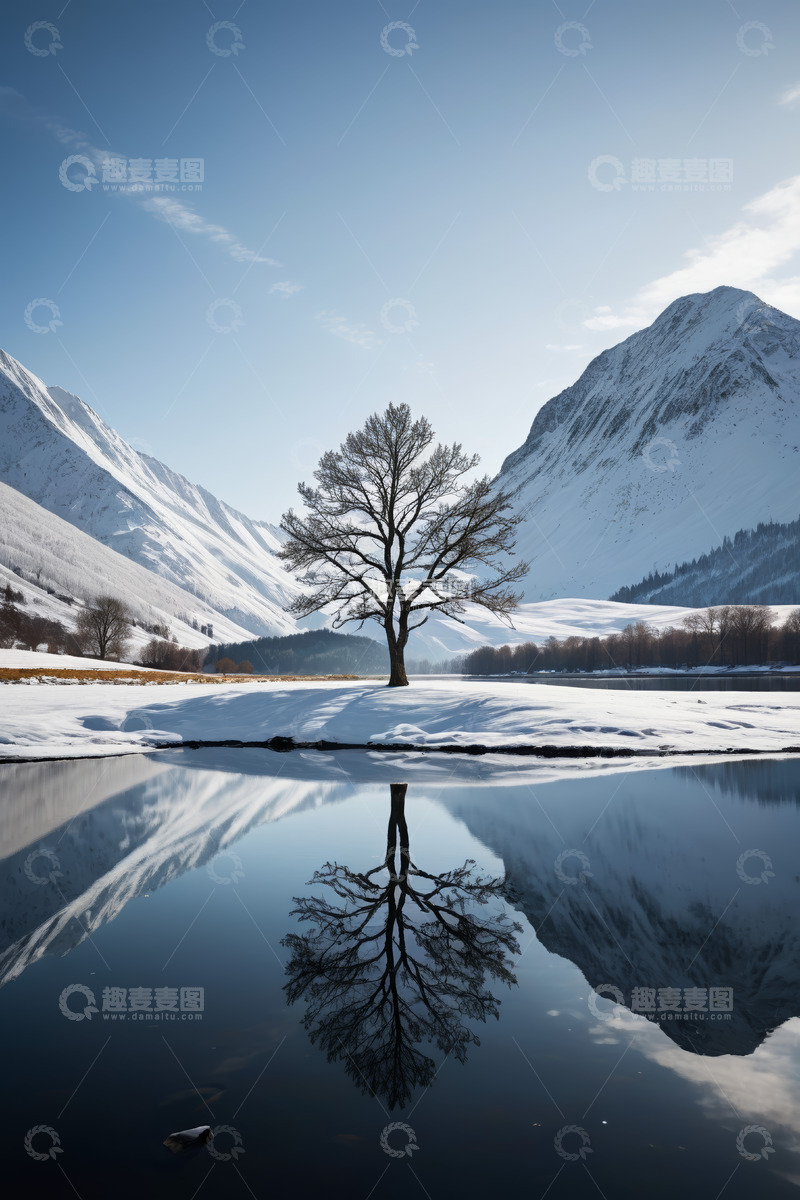 高清大图下载【趣麦麦图】雪山湖泊旁的孤树风景