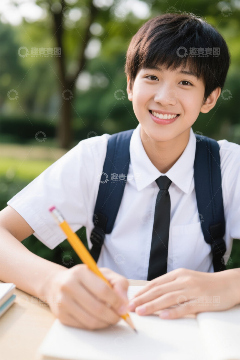 高清大图下载【趣麦麦图】穿校服男孩户外握笔写字