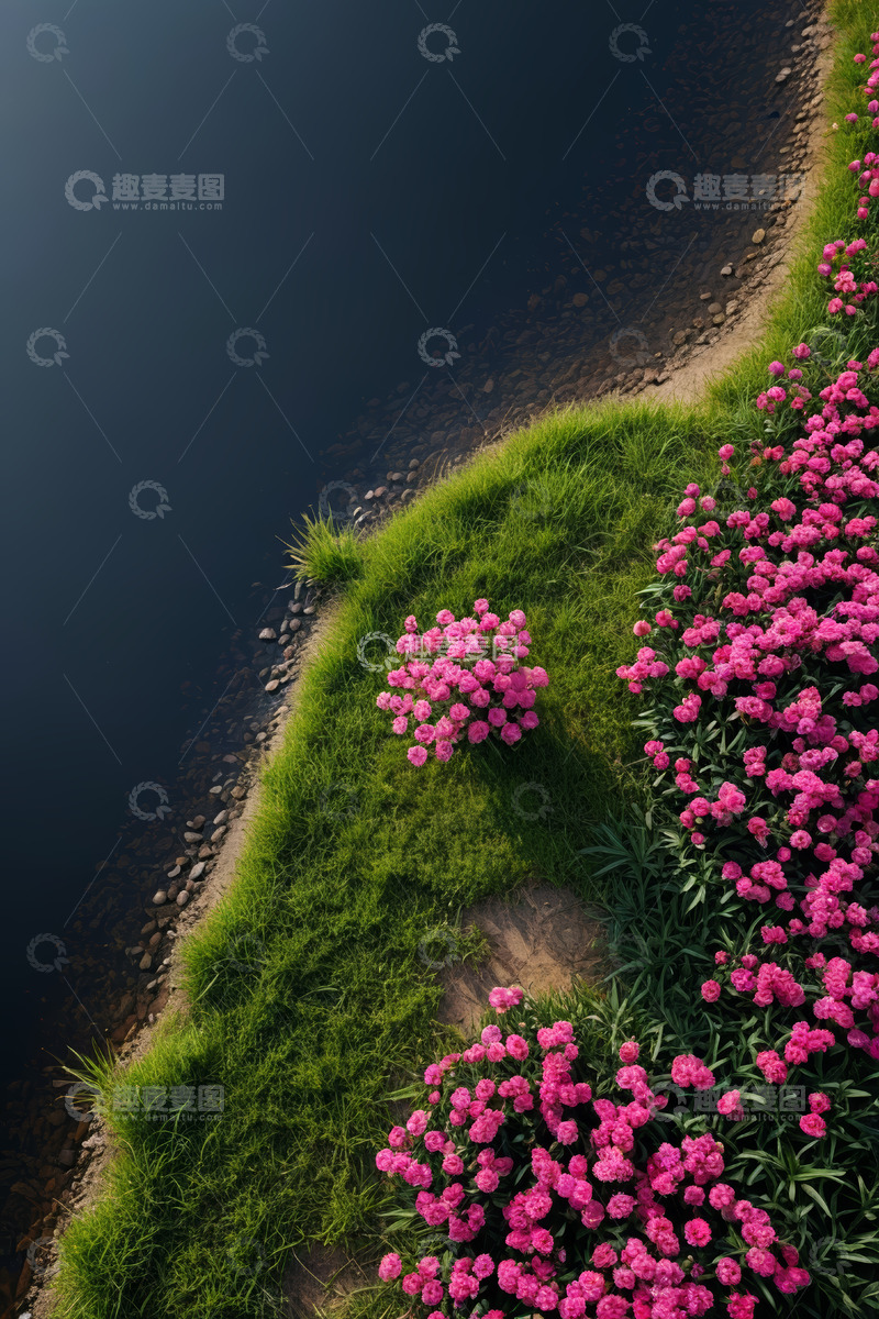 高清大图下载【趣麦麦图】湖边粉色花丛与绿草景观
