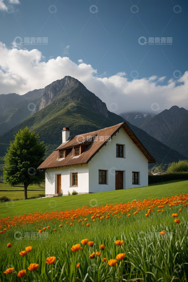 高清大图下载【趣麦麦图】山脚下的田园小屋风景