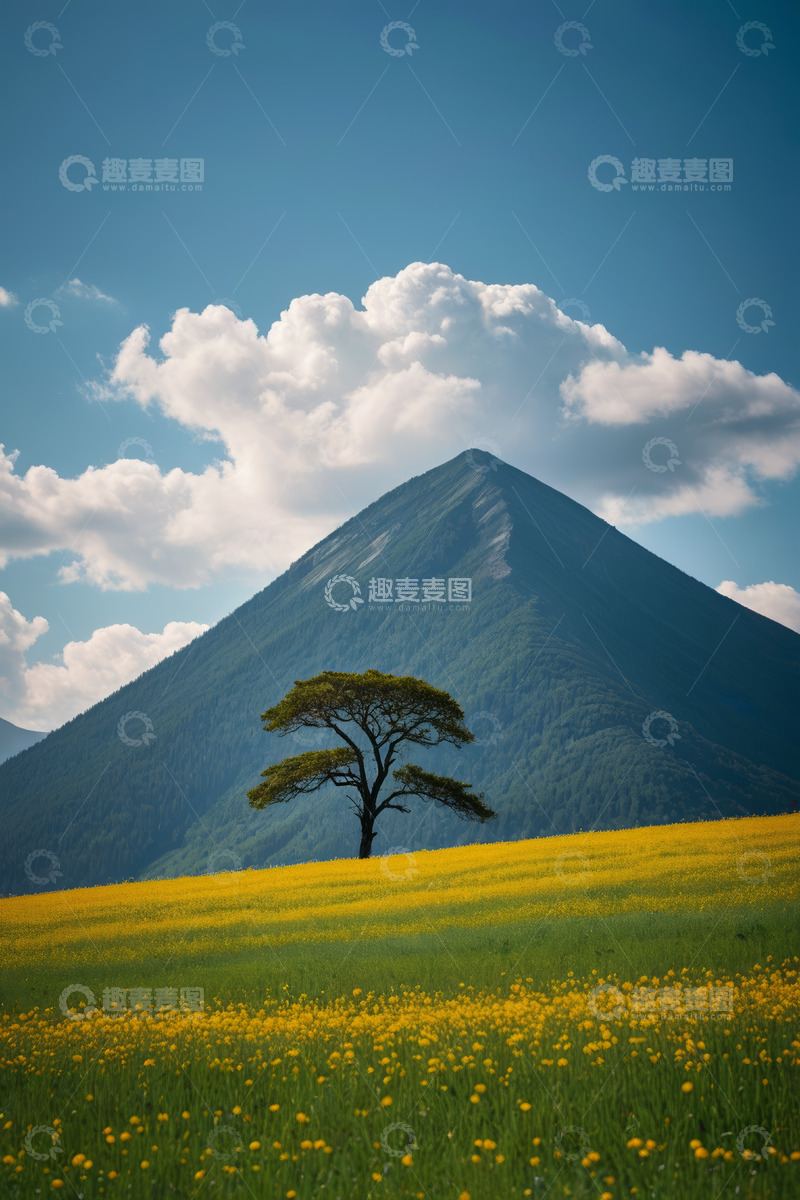 高清大图下载【趣麦麦图】山间黄花草地单棵树木风景