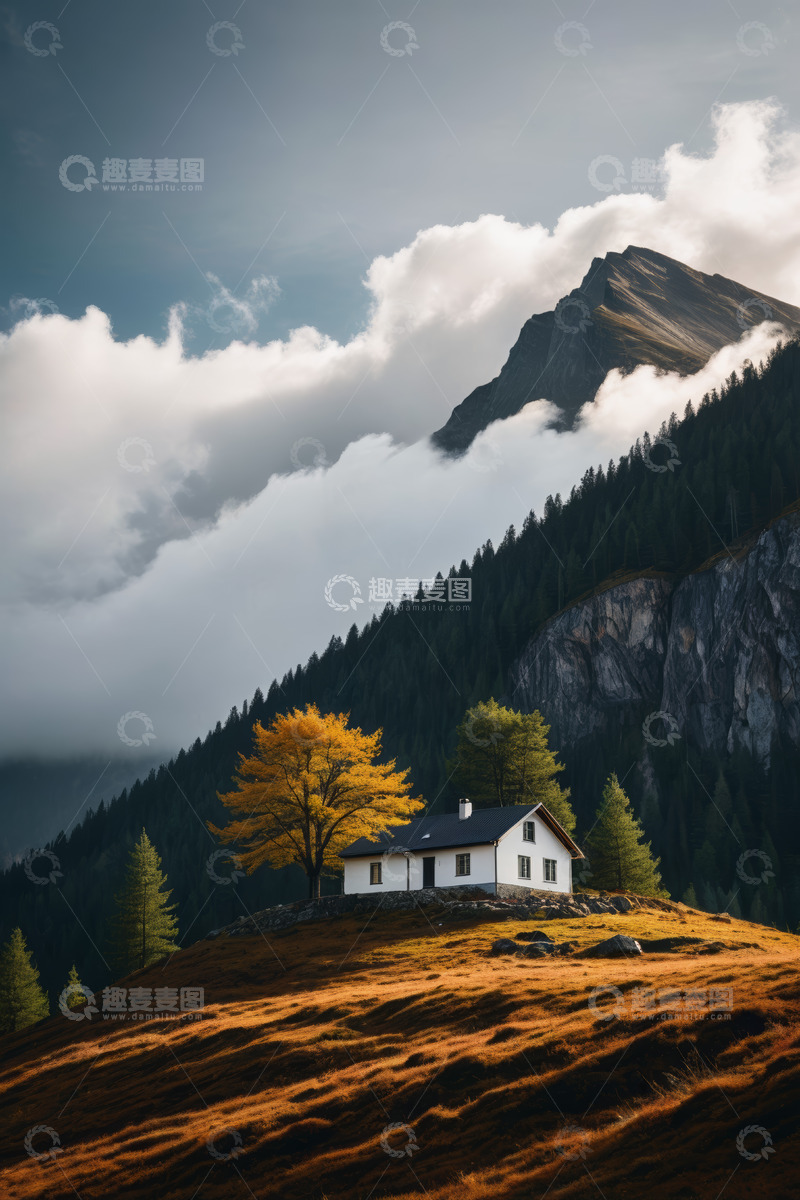 高清大图下载【趣麦麦图】山间小屋秋景自然风光
