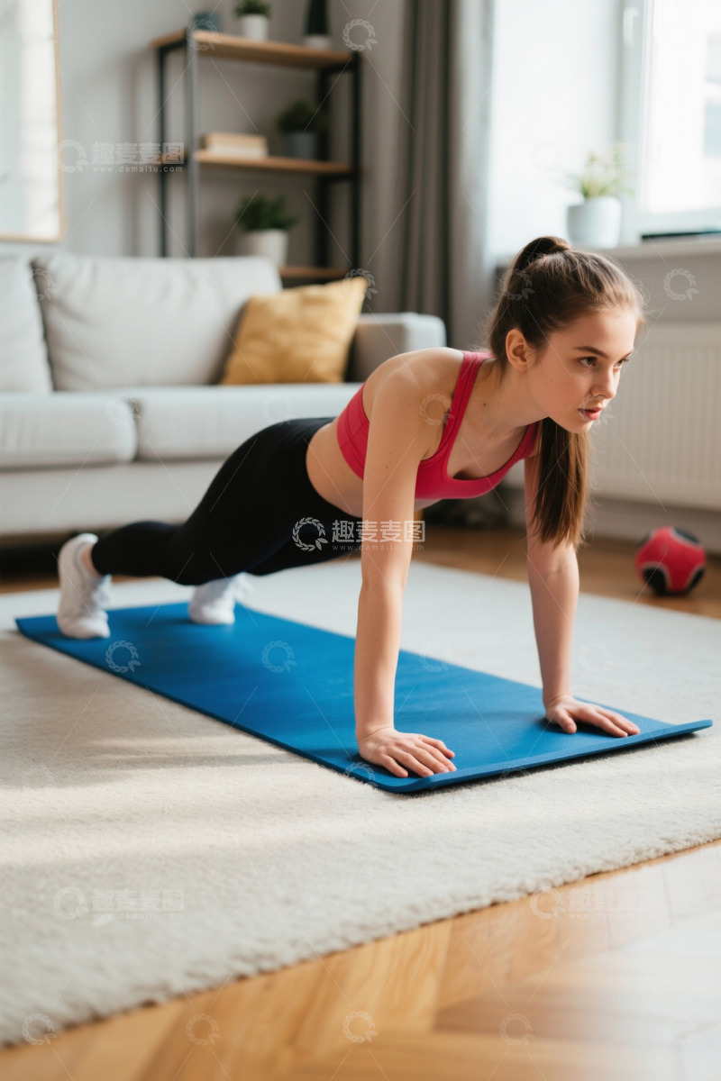 高清大图下载【趣麦麦图】女子家中瑜伽垫上做俯卧撑