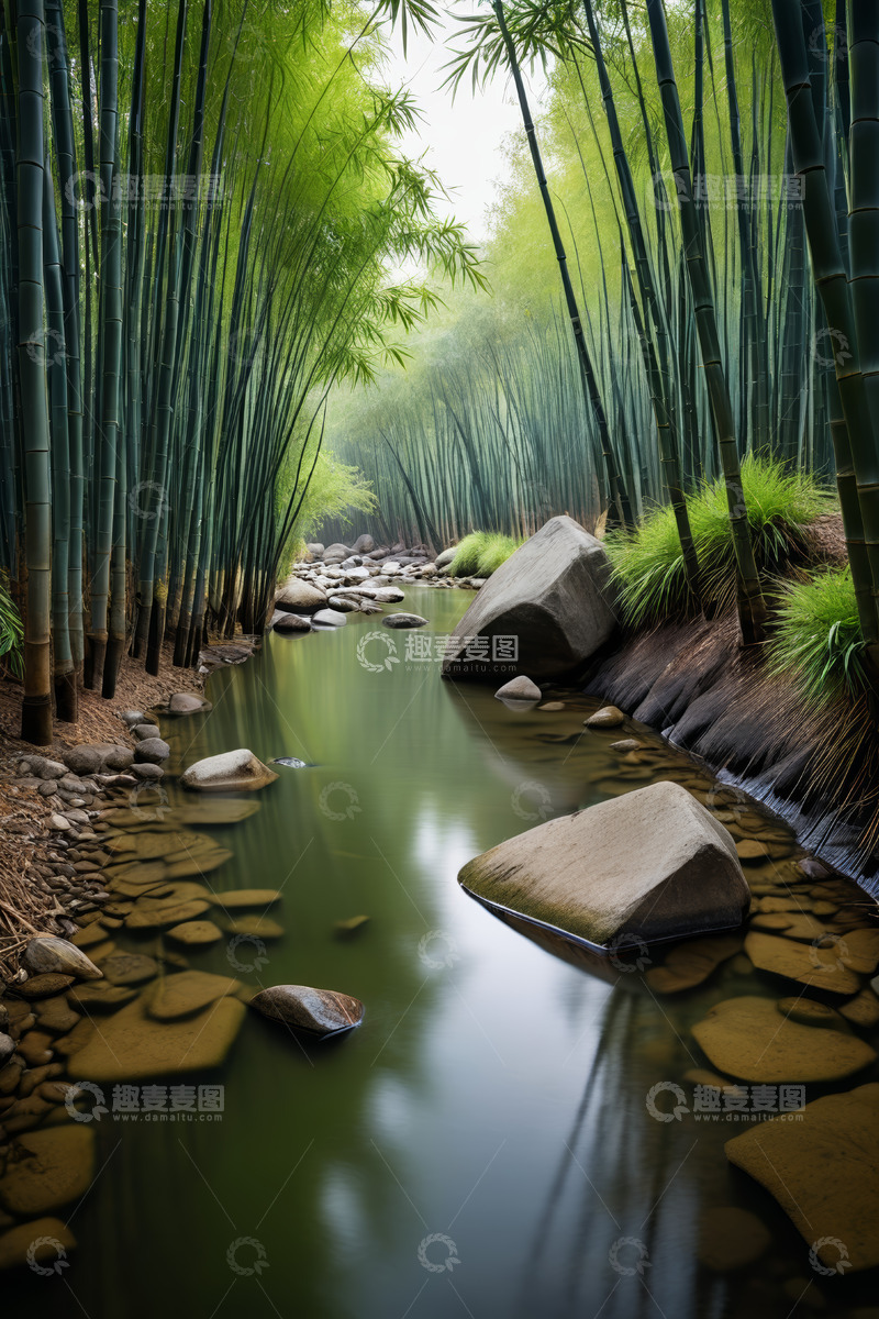 高清大图下载【趣麦麦图】竹林中溪流与石头景观